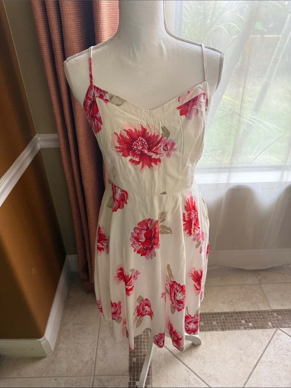 Old Navy Ivory Midi Dress with Pink-Red Floral Print NWT